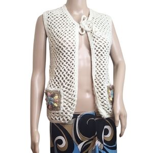 Vintage 70s Womens Knitted Crochet Granny Square Sweater Vest Hippie